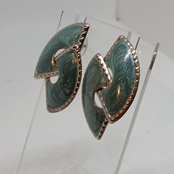 1980s Vintage Retro Shimmering Green/Blue/Gray Enamel Pierced Earrings #35W - Picture 5 of 14